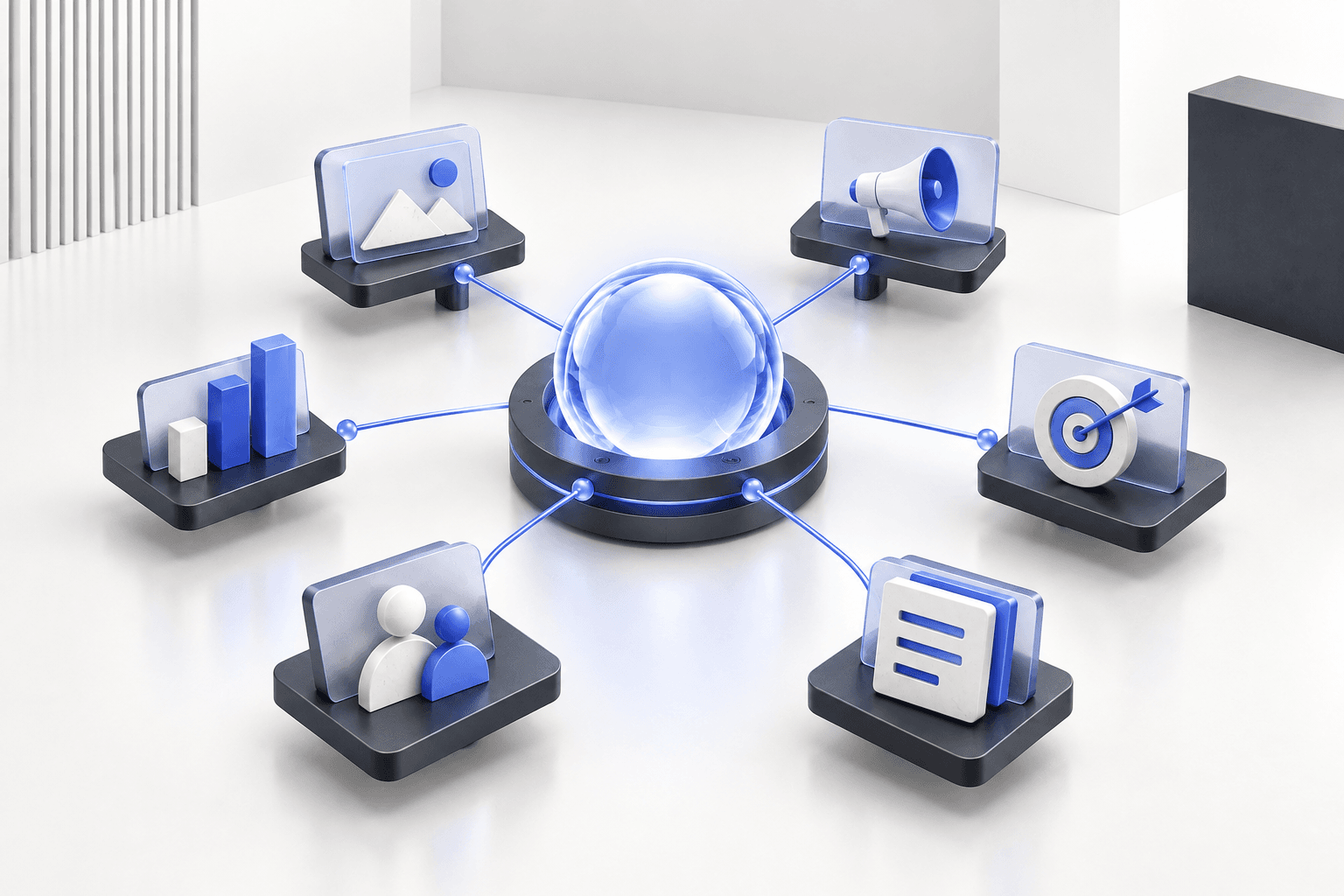 Abstract connected system with a central intelligence core and governed advertising signals